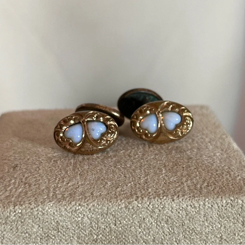 Antique Victorian Rolled Rose Gold Art deco double Opal Heart Cuff links